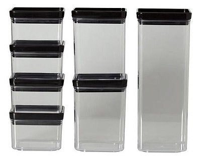 Kit 7 Potes Mantimentos Alimento Hermético Quadrado Acrílico