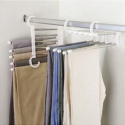 Cabide Mágico Inox Retrátil 5 Varetas Calças Otimiza Espaço