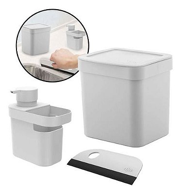 Kit Porta Detergente + Cesto De Lixo + Rodo De Pia Ou