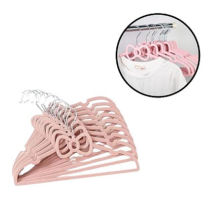 Kit 10 Unidades Cabide Infantil Veludo Rosa Laço