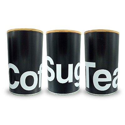 Kit 3 Latas Herméticas Tampa De Bambu Multiuso - Preto