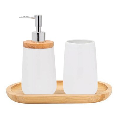 Kit Acessórios Para Banheiro Branco Cerâmica Bandeja
