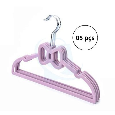 Cabide Infantil Veludo Rosa Laço 5pcs