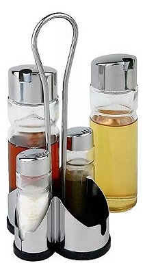 Kit Porta Azeite Galheteiro Tempero Inox Saleiro Vidro 4 Pcs