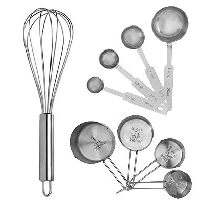 Kit Confeiteiro Fouet Colher E Xicara Medidora - Aço Inox