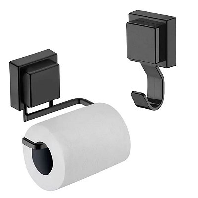 Kit Porta Papel Higienico + Gancho Multiuso Preto Ventosa