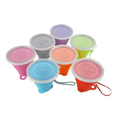 Kit  5 Copos De Silicone Retrátil Com Tampa 270ml