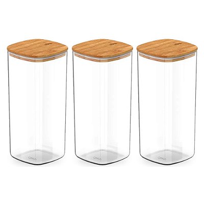 Kit 3 Pote Hermético Tampa De Bambu Transparente 1,5l Ou