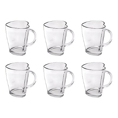 6 Canecas Vidro Heart Casual 240ml Transparente Class Home