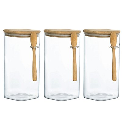 Kit 3 Pote Hermético Vidro E Bambu Com Colher 1400ml