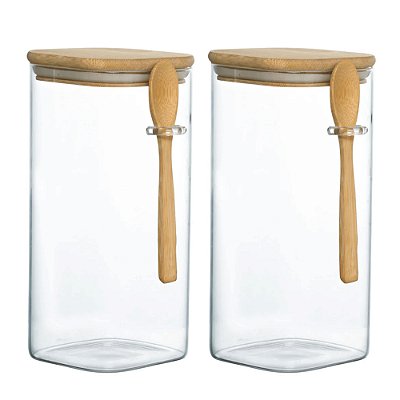 Kit 2 Pote Hermético Vidro E Bambu Com Colher 1600ml