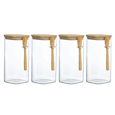 Kit 4 Pote Hermético Vidro E Bambu Com Colher 1600ml