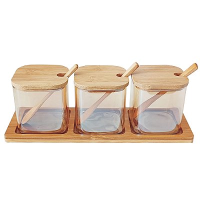 Conjunto 3 Porta Condimentos Vidro E Bambu Com Colher