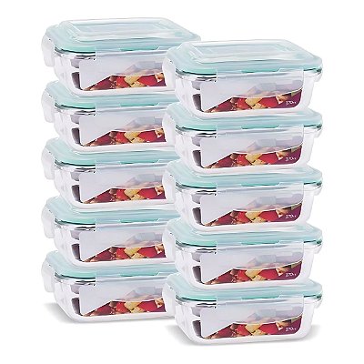 10 Potes Vidro Retangular Hermético 370ml - Quality House