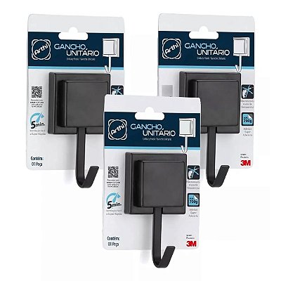 Kit 3 Ganchos Porta Toalha Fixação 3m Preto Banheiro - Arthi