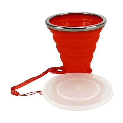 Copo Silicone Dobrável Retrátil Ecológico Tampa Borda Inox Vermelho