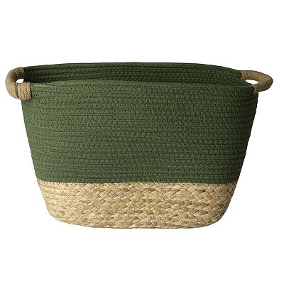 Cesto De Fibra Natural E Algodão C/alça 42x25x24 Cm Verde