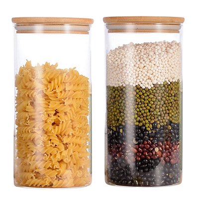 2 Potes Herméticos Multiuso Mantimentos Vidro Tampa De Bambu