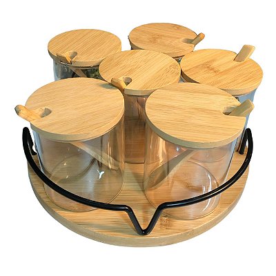 Bandeja Redonda De Bambu Giratória Com Bordas De Aço Preto + 6 Potes De Vidro Para Tempero Condimentos