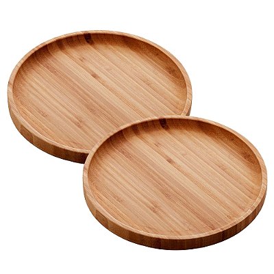 Kit 2 Prato De Bambu Madeira Redonda Cozinha Tábua Bandeja 20cm