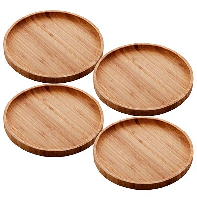 Kit 4 Prato De Bambu Madeira Redonda Cozinha Tábua 20cm