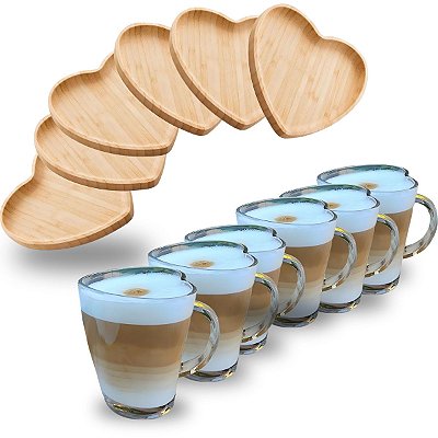 Jogo De 6 Canecas Vidro Coração 240ml + 6 Pires De Bambu Coração 12,5 Cm