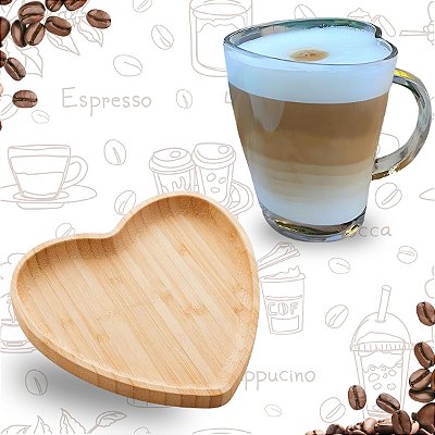 Caneca De Vidro Coração 240ml + Pires De Bambu Coração 12,5 Cm