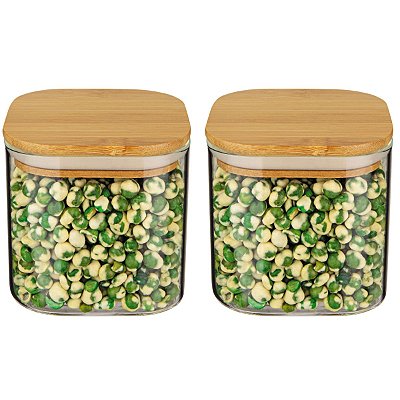 2 Potes Herméticos Quadrado Vidro Tampa De Bambú 500ml