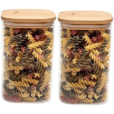 Kit 2 Potes Herméticos Quadrado Vidro Tampa De Bambú 700ml