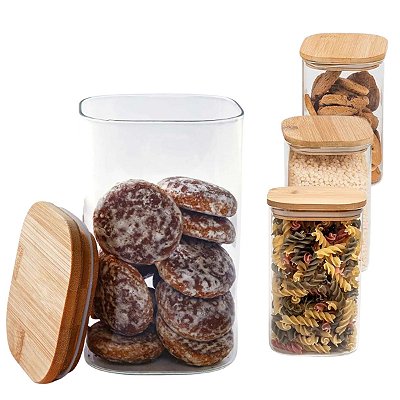Kit 4 Potes Herméticos Quadrado Vidro Tampa De Bambú 700ml