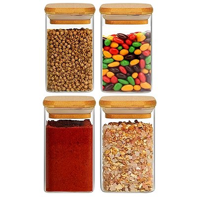 Kit 4 Potes Herméticos Quadrados Vidro Tampa Bambú 1 Litro