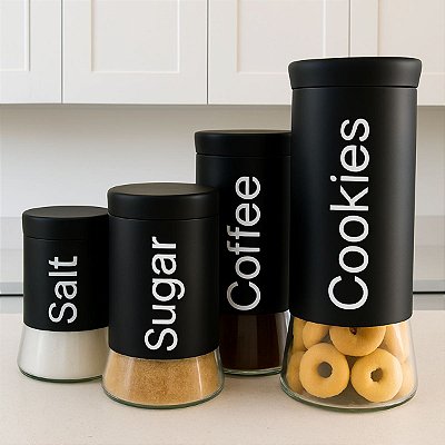 4 Potes Vidro E Aço C/ Etiquetas E Tampa De 820ml A 1,9lt