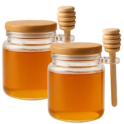 2 Potes De Mel De Vidro Com Tampa Hermética De Bambu 250 Ml