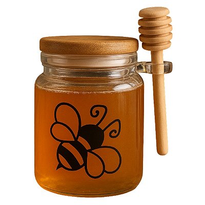 Pote De Mel Com Tampa Hermética De Bambu C/ Etiqueta 250 Ml