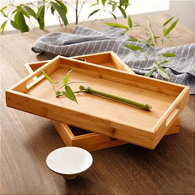 Bandeja De Bambu Retangular 33x22cm Com Alça Para Servir