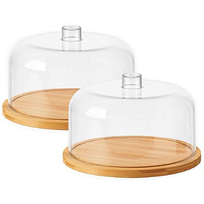 Kit 2 Queijeira De Bambu Redonda Com Tampa De Acrilíco 18cm