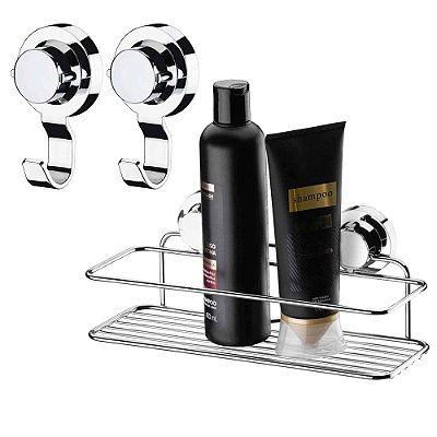 Kit Porta Shampoo + Gancho Multiuso Banheiro Fixação Adesivo