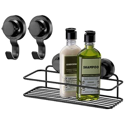 Kit Porta Shampoo + Gancho Multiuso Banheiro Fixação Adesivo