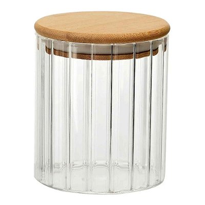 Pote Vidro Canelado Tampa Bambu P/ Mantimento Hermético 550ml