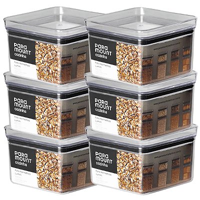 6 Potes Herméticos Multiuso Lumini Quadrado Paramount 830 Ml