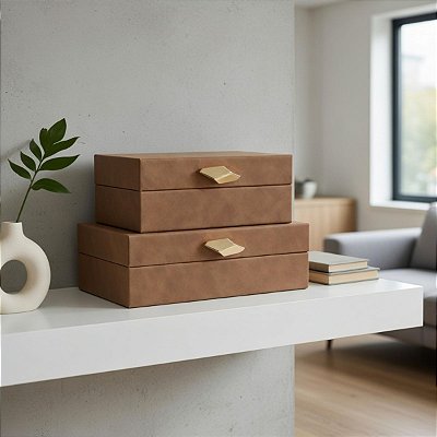 Kit 2 Caixa Decorativa Multiuso Couro Sintético Mart Marrom