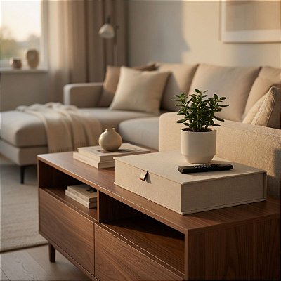 Caixa Mdf Grande Com Tampa E Revestimento Linho Luxo Cinza
