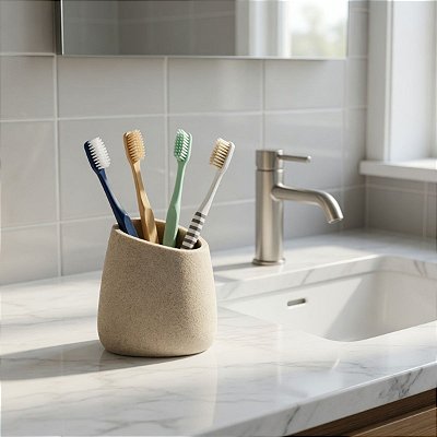 Copo Lavabo Abstrato Porta Escova Objetos Multiuso Poliresina Greige Luxo