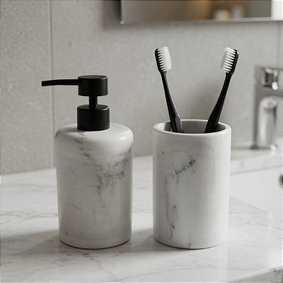 Kit Banheiro Dispenser Porta Sabão Líquido + Copo Porta Escova Poliresina Marmorizado Mart