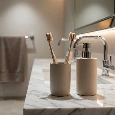 Kit Banheiro Em Cerâmica 2 Peças Dispenser Porta Escovas