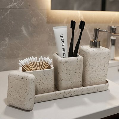 Kit Banheiro Em Poliresina Off Withe 4 Peças Dispenser Porta Escovas
