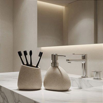 Kit Banheiro Lavabo Abstrato Dispenser E Porta Escovas Greige