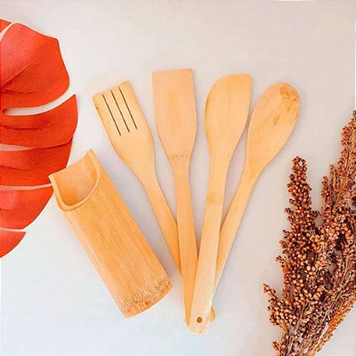 Colher De Pau Bambu Madeira Culinário 4 Peças + Suporte