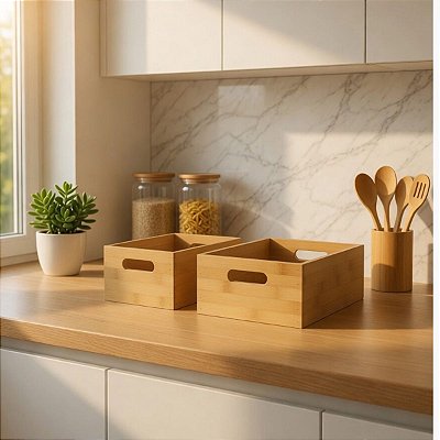 Kit 2 Caixas Cestos Organizadores Bambu 100% Natural