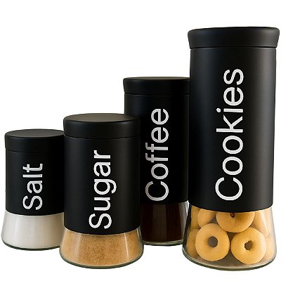 Kit 4 Potes Vidro Aço Black C/ Etiquetas Estilo Wolff C/tampa De 820ml A 1,9lt